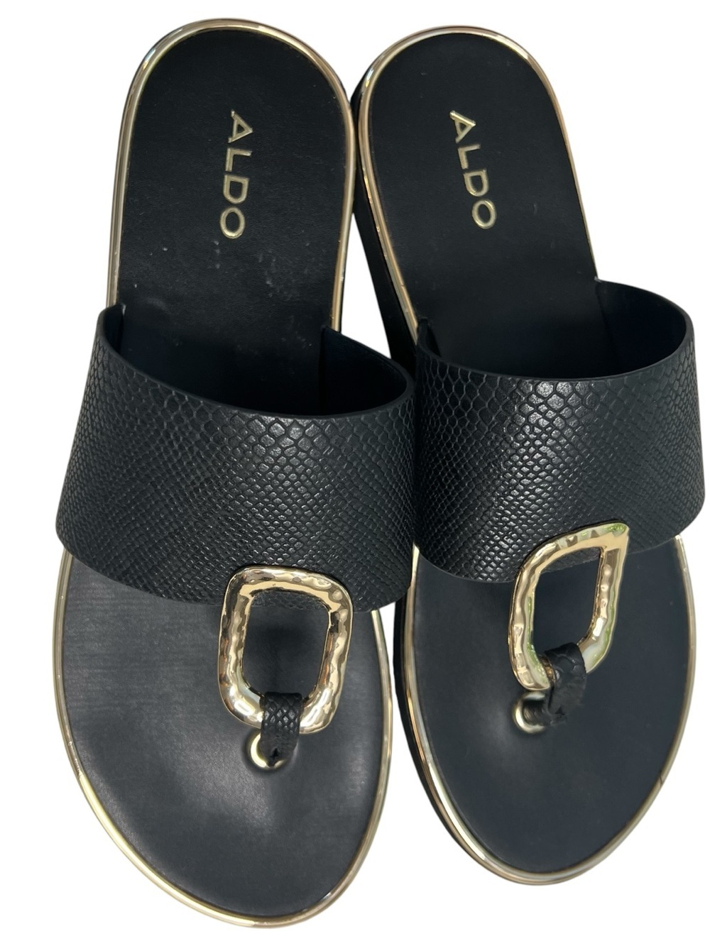 Aldo Black Slide Sandals with Gold Buckle SZ 7 - Picture 5 of 9